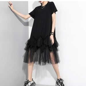 Black Tulle Hem Midi Dress | Trendy Layered Mesh | Edgy Feminine Style